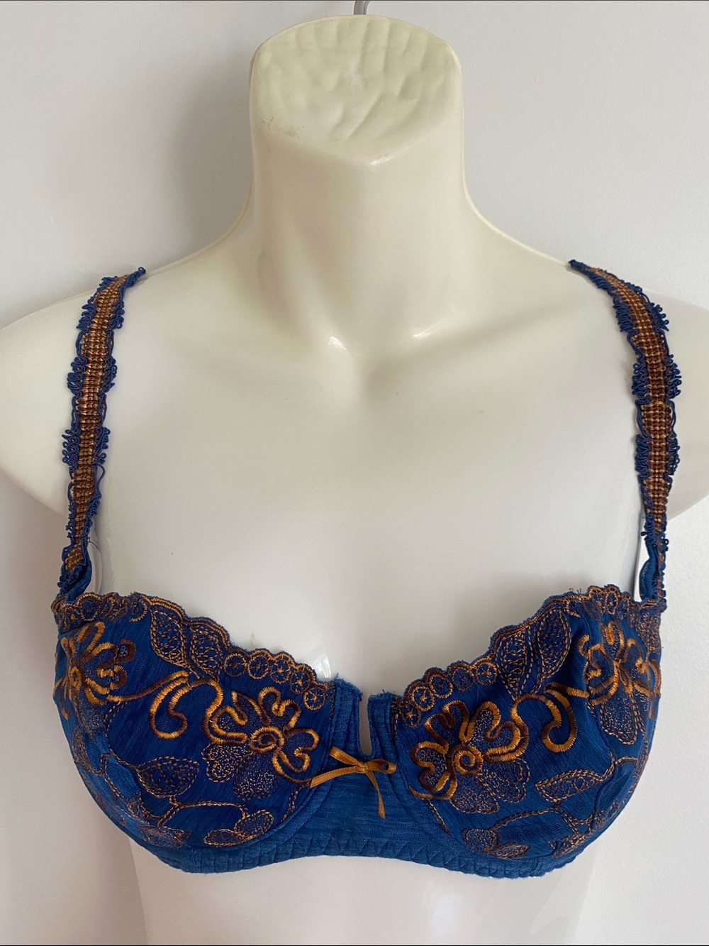 AUBADE Bra in Blue & Brown Embroidered Balconette Bra Women Intimates Size 36B